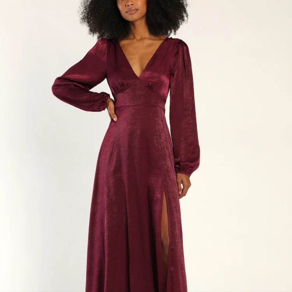 Perfectly Gorgeous Plum Purple Satin Long Sleeve Maxi Dress